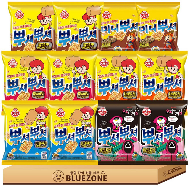 [블루존] 오뚜기 뿌셔뿌셔 세트 양념치킨맛2 떡볶이맛2 불고기맛2 바베큐맛2 버터구이오징어맛2 미니뿌셔 불고기맛2, 1박스, 혼합