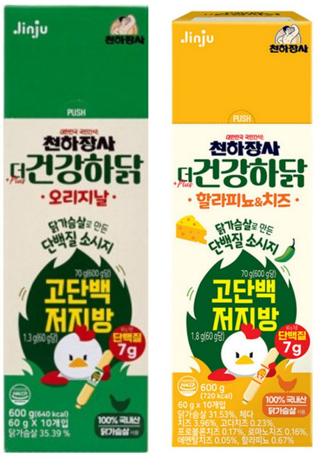 진주햄 천하장사 더 건강하닭 오리지날맛 할라피뇨앤치즈맛 2종 1세트 단백질 닭가슴살, 600g