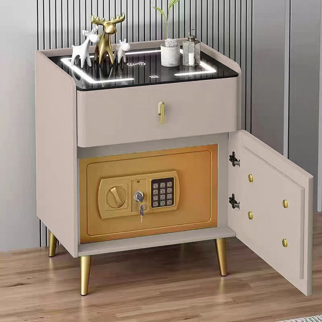 Tixpra 스마트 침대 옆 캐비닛 겸용 금고 다층 원목 수납 무선 충전 기능 현대적인 디자인, 1개, 카키40*40*59CM