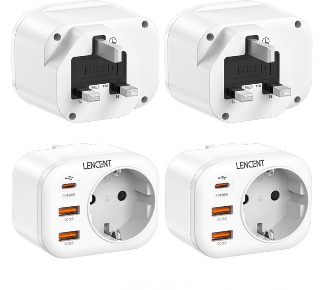 렌센트 USB 고속충전 전세계 여행용 해외 영국 규격 (Type G) 전환 어댑터 4포트 (3 QC3.0+ 1 PD20W) 2개입 PA012EUUK2-PD, 2개