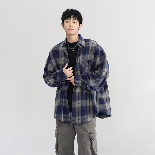 BIKASU 남성 셔츠 루즈핏 체크 긴팔 남방 남녀공용 빅사이즈 난방