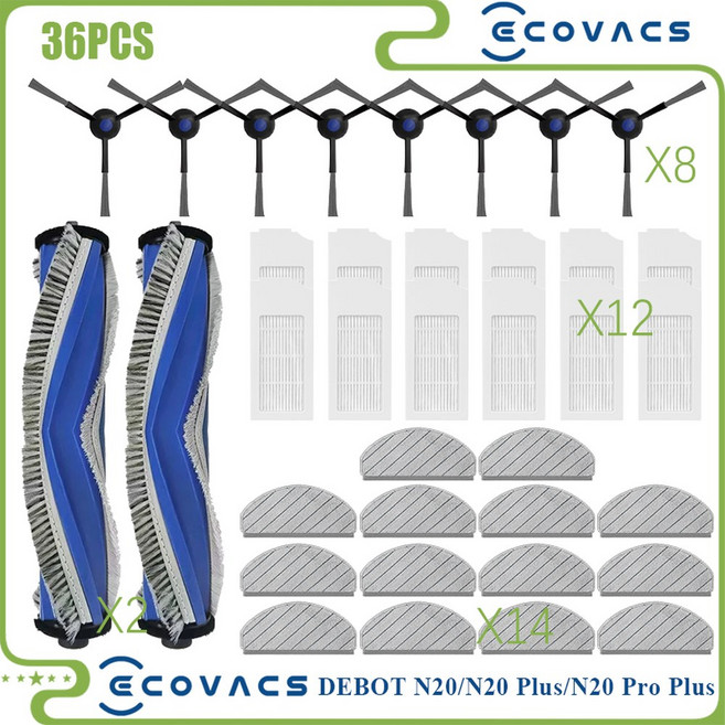 Ecovacs DEBOT N20 N20 PLUS N20 PRO PLUS 진공 부품 메인 롤러 사이드 브러시 Hepa 필터 걸레 패드 천 액세서리에 적합, 36PCS