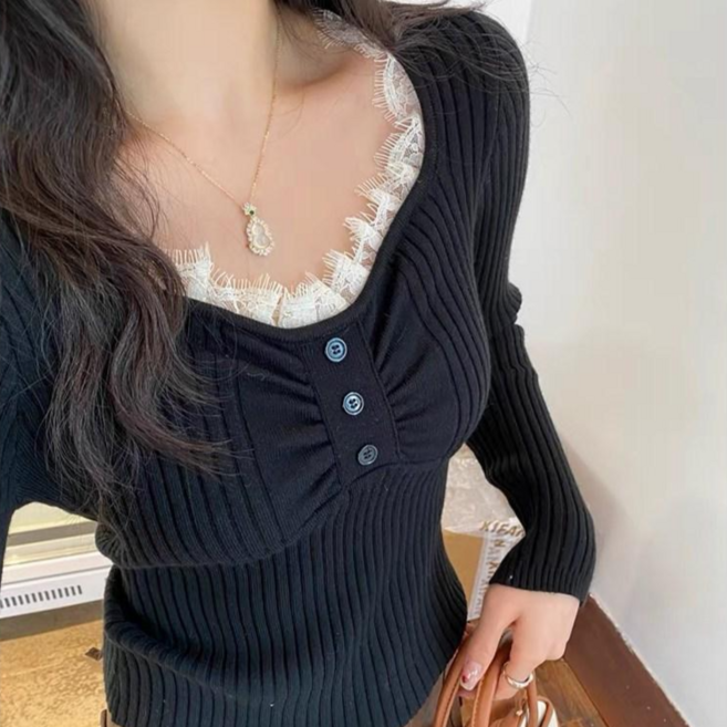 야오야오 유넥 레이스 셔링 슬림핏 골지 니트