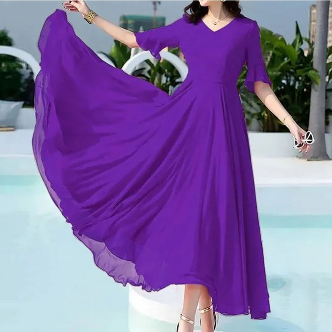 MOSAIRATION 여성 브이넥 주름 디테일 허리 라인 수축 쉬폰 재질 반팔 롱원피스 T06012503