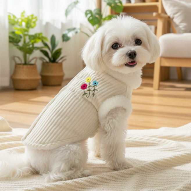 구월샵 강아지 설날 두루마기 털조끼 자수포인트 명절 한복, 1개, 크림화이트