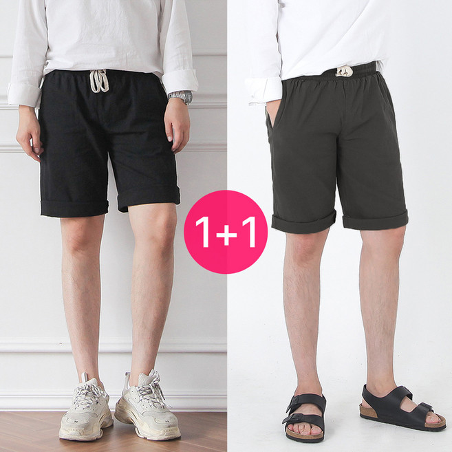 1+1 남자 여름 린넨 5부 반바지 밴딩 마 빅사이즈 남성 팬츠