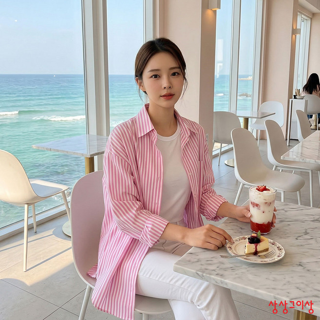 상상그이상 여성용 마린 세로줄 스트라이프 기본 셔츠