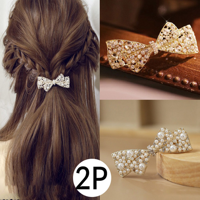 [MNC] 빈티지 삔 진주 꽃헤어핀 세트 진주 리본 헤어 액세서리 앞머리 진주 큐빅 헤어 자동핀 우아한 머리핀 클립 진주 헤어핀 결혼식 추석 선물 2P