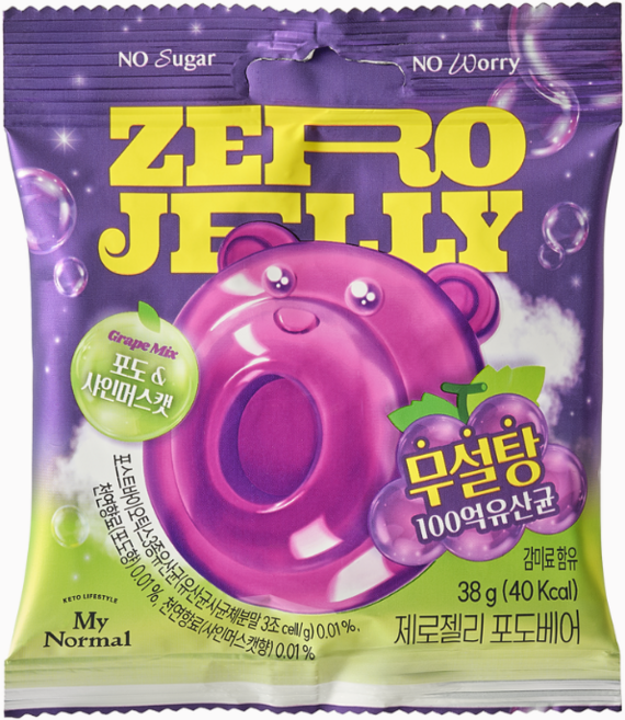 제로젤리 마이노멀 제로 사워 포도베어 3종. 무설탕 100억 유산균 포도+샤인머스캣 38g 1개