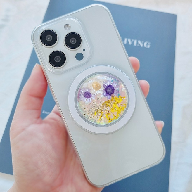 더세레니티 드라이플라워 압화 반구 맥세이프 스마트톡 자석 스티커 세트, 1개, 퍼플+메탈 자석 스티커