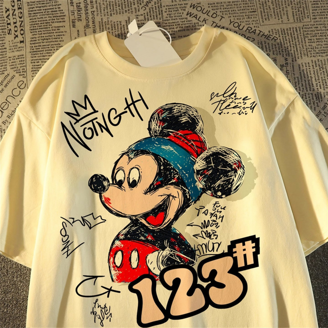 Raele 여름 미키 프린트 순면 반팔 티 남녀 공용 캐주얼 오버사이즈 데일리룩