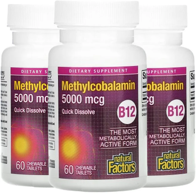네츄럴팩터스 B12 메틸코발라민 5 000mcg 츄어블 60 정, 3개 - 쿠팡