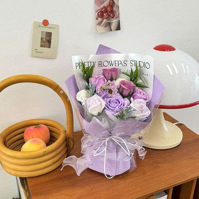 제이하이 프리미엄 비누꽃다발+쇼핑백+카드+LED등 포함, 1개, 보라