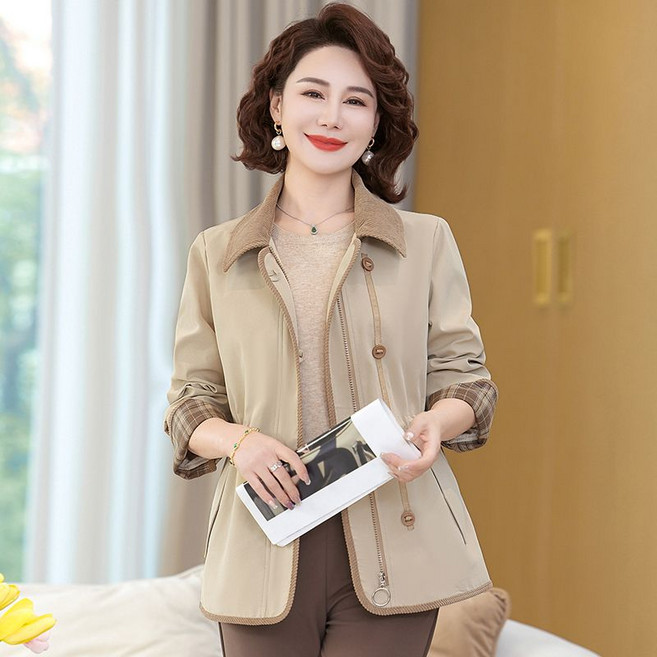 POMTOR 봄가을 여성 자켓 캐주얼 짧은 중년 여성 트렌치 코트
