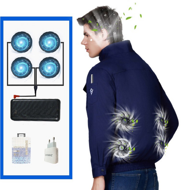 ZHINUO 지누오 선풍기 옷 의류 에어컨 자켓 근무복 시원한 아이스 선풍기옷 냉풍 작업복세트 잠바 30000mA/50000mA 배터리 단계 조절가능, 남색 * 20000mA, L, 20000mA, 1개