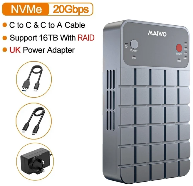 MAIWO 2베이 USB 3.2 NVMe SSD 케이스 20Gbps Gen2x2 C 알루미늄 외장 키 지원 팬 포함, 02 UK Plug