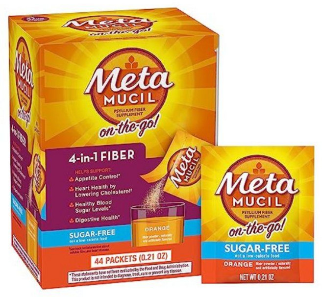 Metamucil 휴대용 무설탕 44개 4-in-1 차전자피 섬유 보충제 오렌지 맛 여행에 적합 소화 건강 및 규칙성을 위한, 1개, 44정