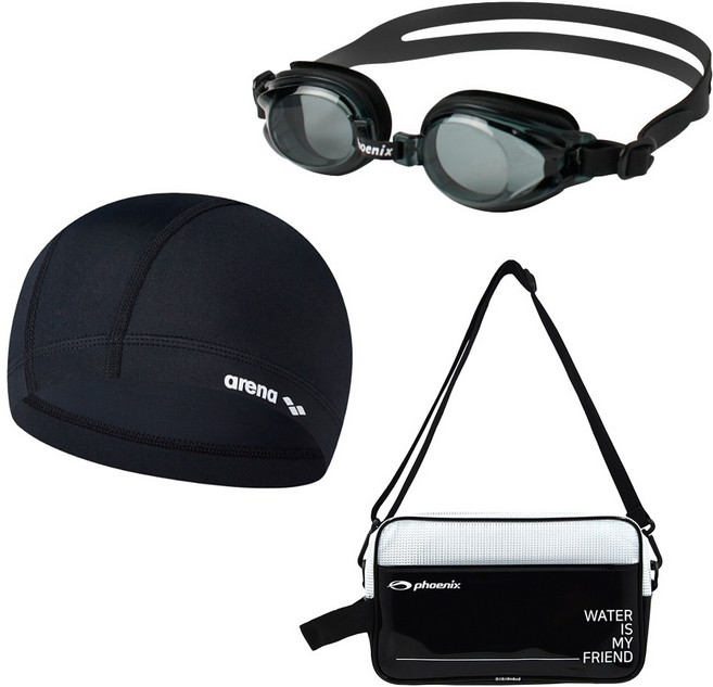 생존수영 키트 아레나 스판 수모+피닉스 아동 수경 PN-509J+피닉스 가방 PSB-500, 1개, 수경 블랙, 가방 블랙