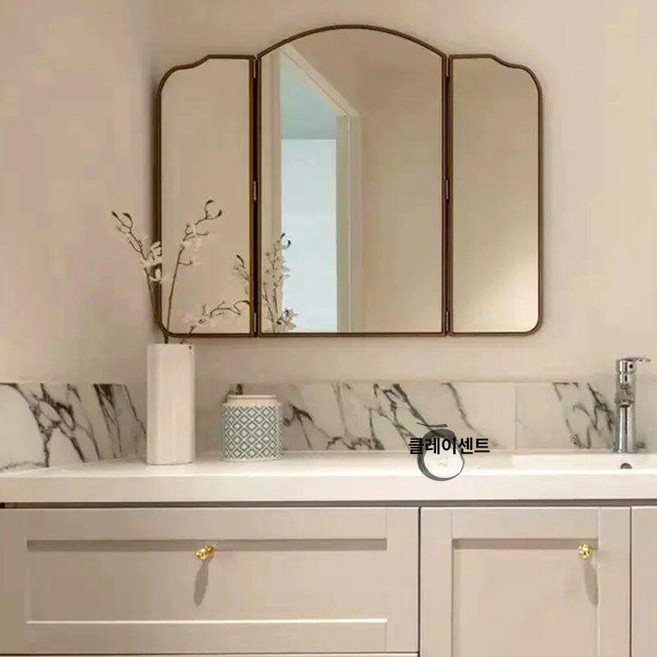 3단 거울 엔틱 접이 벽걸이 화장실 삼단 고급 클래식 삼면경 현관 화장대 골드 벽거울, 80x60cm 빈티지