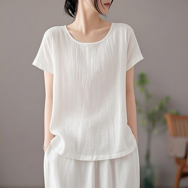 ROYALBELLE 여성 면마 라운드넥 루즈핏 캐주얼 데일리 반팔 티셔츠 V01031014