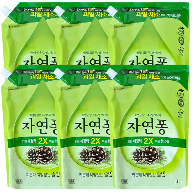 엘지생활건강 자연퐁 찌든때 걱정없는 솔잎 주방세제 리필 1.4L ~, 6개, 1400ml