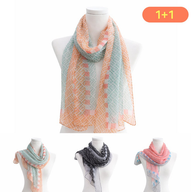 (1+1) 여성 봄 가을 쉬폰 롱 스카프 소프트 머플러 간절기 패션