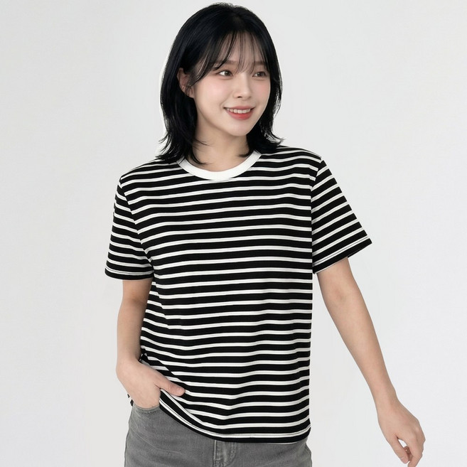 엠제이스타 여성용 베이직 줄무늬 라운드넥 스트라이프 반팔 티셔츠 5color
