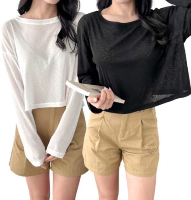 엔젤리크 [1+1] 여성 라운드넥 세미 크롭 시스루 긴팔 티셔츠 2종세트