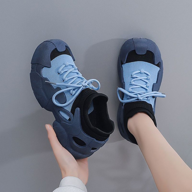 ROYALBELLE 여성 경량 통기 니트 배색 스트랩 디자인 쿠션 소프트창 캐주얼 운동화 Z01020503