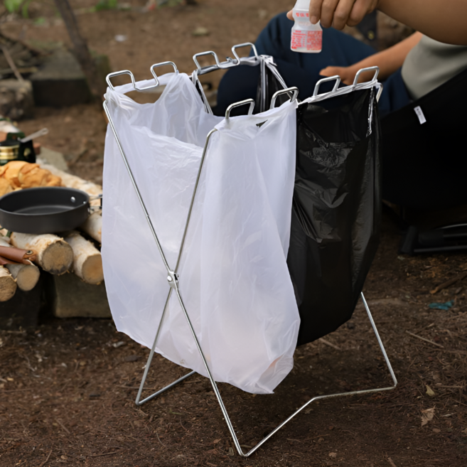 유즈나인 접이식 스틸 캠핑 분리 수거 휴대용 쓰레기 봉투 거치대 스탠드, 실버