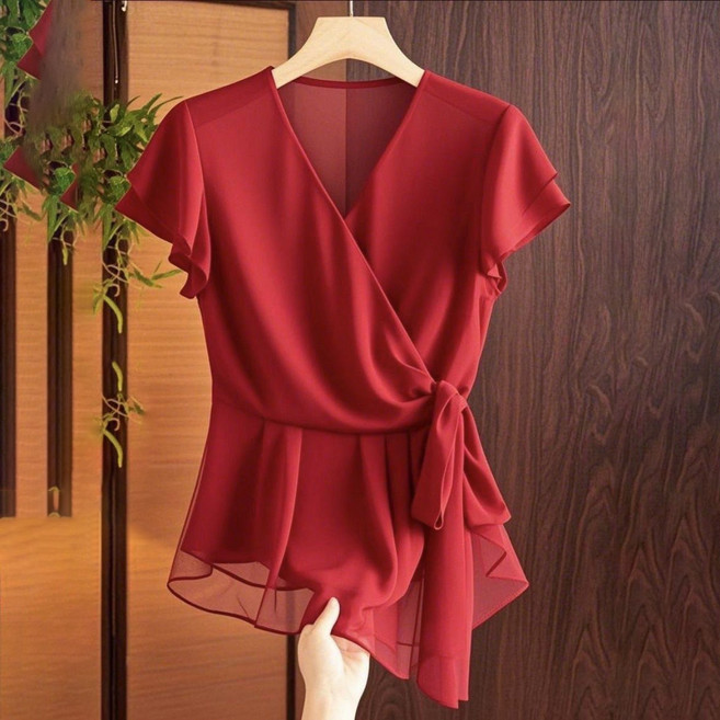 페이준 여성 여름 브이넥 날개 소매 쉬폰 블라우스 스트랩 허리조임 슬림핏 프릴 댄스복 상의 YFC845