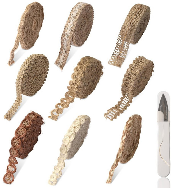 레이스가 달린 9롤 버랩 리본 가위가 빈티지 로프 DIY 공예용 천연 러스틱 황마 선물 포장 결혼식 및 파티 장식