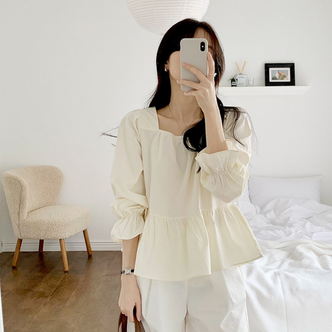 S~XL 여성 하객룩 데일리 셔링 퍼프 블라우스 출근룩 셔링블라우스 스퀘어넥 오피스룩