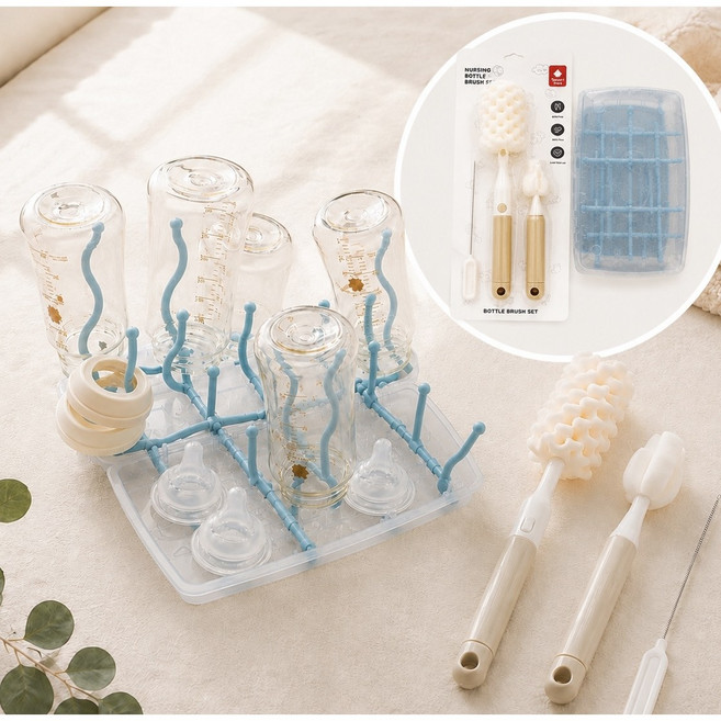 10위 - 베베플로우 휴대용 젖병건조대 접이식 젖병거치대 세척솔 세트, 블루, 타입