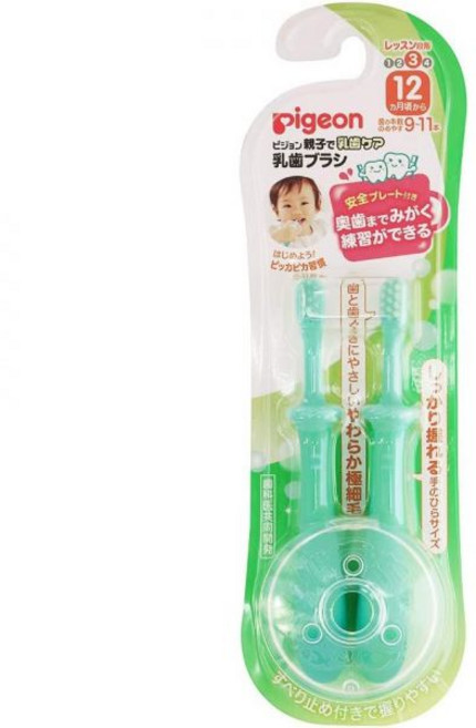 ピジョン 피죤 유방 칫솔 레슨 4단계(파란색) 2개입 만 1세 6개월 이상 일본 출고 키즈, Lesson Stage 3, Green