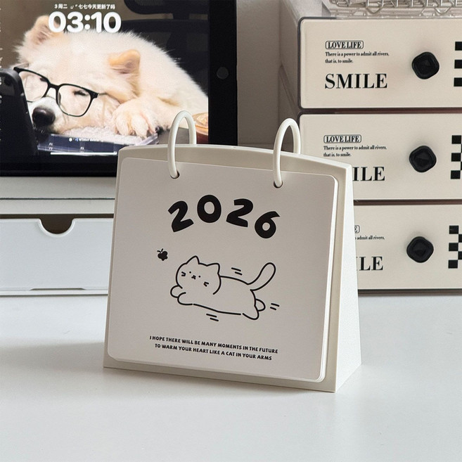 2026 可愛貓咪桌曆, 1個, 白色【2026年】卡通貓咪臺歷