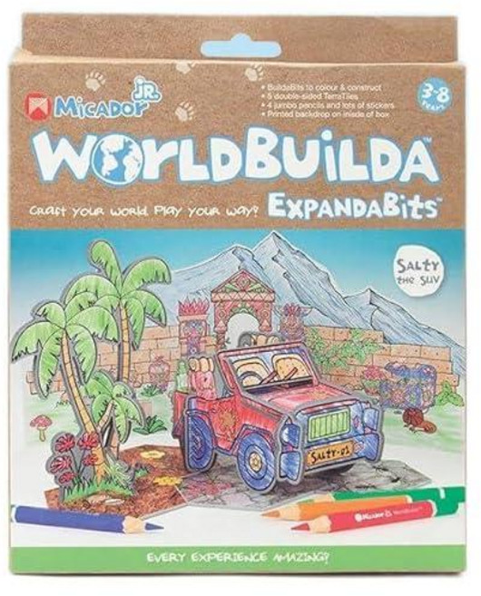 Micador jR. WorldBuilda ExpandaBits Salty The SUV - 다이 컷 모양 캐릭터 + 스티커 + 색연필 4개 - 색상 + 빌드 + 플레이 -, Micador jR. WorldBuilda Expand