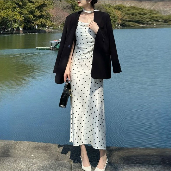 FANSYLI 여성 하객룩 정장자켓+나시원피스 투피스 심플 루즈핏 정장 코트 롱 슬림 도트 원피스 세트 봄가을 빅사이즈 오피스 원피스 XR2601J26