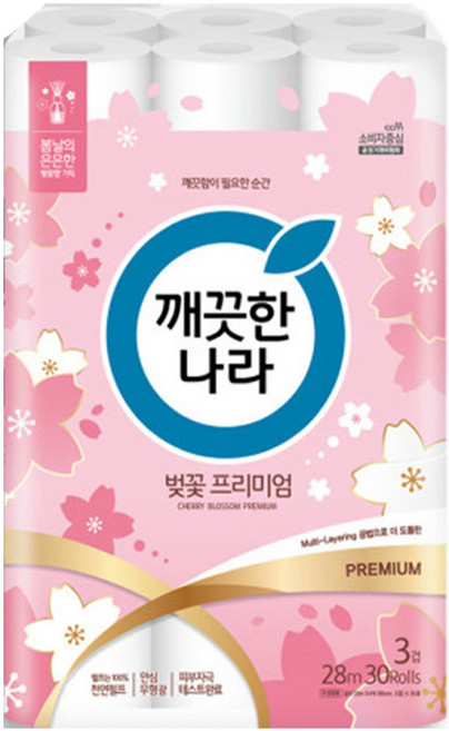 깨끗한나라 벚꽃 프리미엄 3겹 28M 30롤 X1팩, 1개