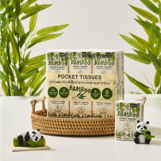 머트리얼테크닉 대나무 천연펄프 먼지없고 도톰한 4겹 포켓티슈 휴대용 여행용화장지, 3세트, 96매입