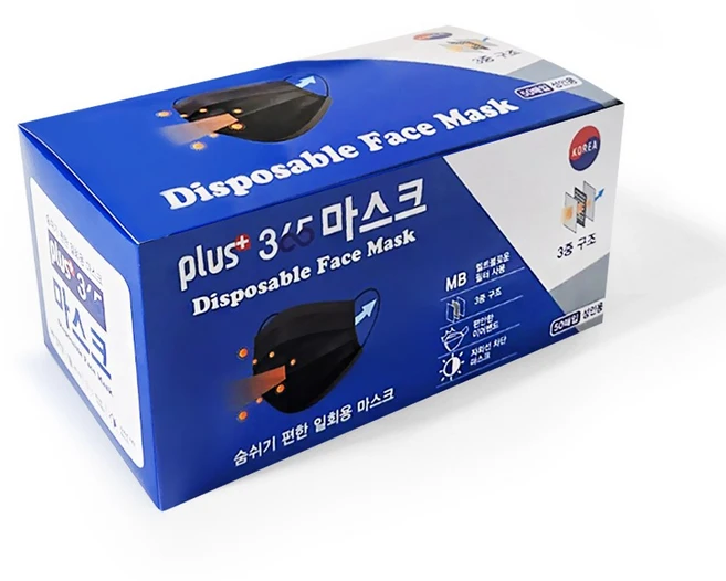 국내생산 플러스 365 일회용 대용량 마스크 부직 3중필터 대형, 검정색, 1개 - 쿠팡