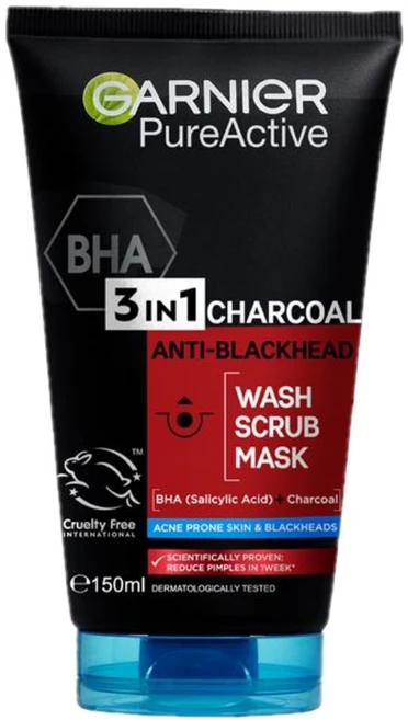 가르니에 퓨어 액티브 인텐시브 3in1 페이스 스크럽 Garnier Pure Active Charcoal Wash, 1개, 150ml - 쿠팡