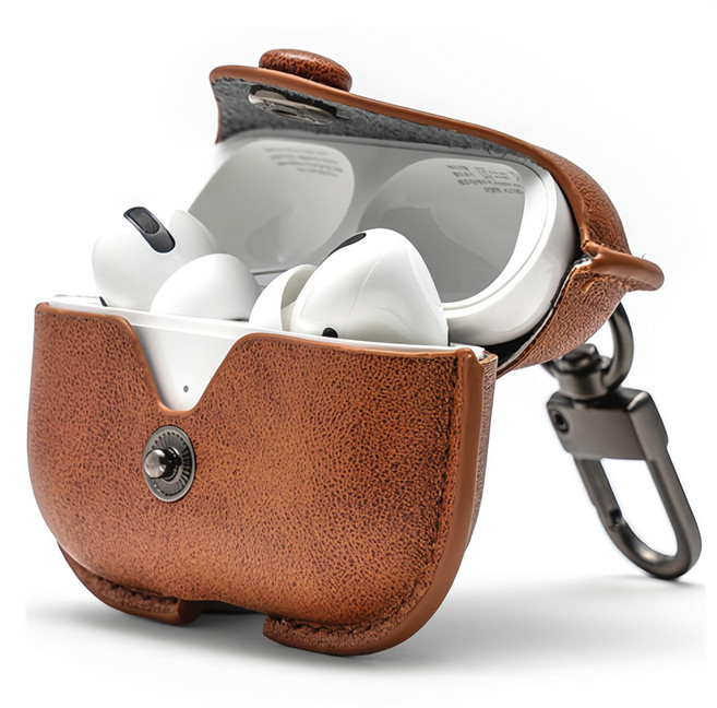 누아트 버튼 가죽케이스, 에어팟4세대, 브라운, 1개