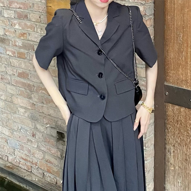 해피유통 여성 투피스세트 반팔 정장 코트+플리츠 스커트 jhwj