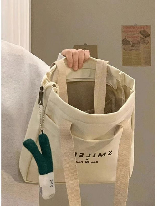 SMILEDT 雙層加厚米色帆布袋 簡約文青單肩側背包 實用大容量 32x34x8cm