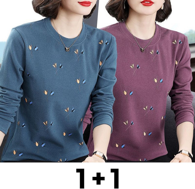 메인워크 1+1 중년여성 빅사이즈 라운드넥 긴팔 티셔츠 봄가을 간절기 스판 엄마룩 레깅스 패션 오버핏 심플 솔리드 이너 상의 2매입