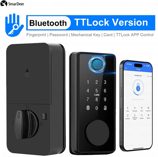 TTLock 스마트 잠금 장치용 SmarDeer 전자 앱 원격 제어 키리스 출입 지문 디지털 데드볼트, 02 Black