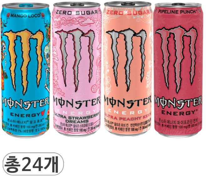 코카콜라 몬스터 에너지 망고로코 & 스트로베리 & 피치 킨 & 파이프라인 펀치 4종 혼합세트, 24개입, 355ml