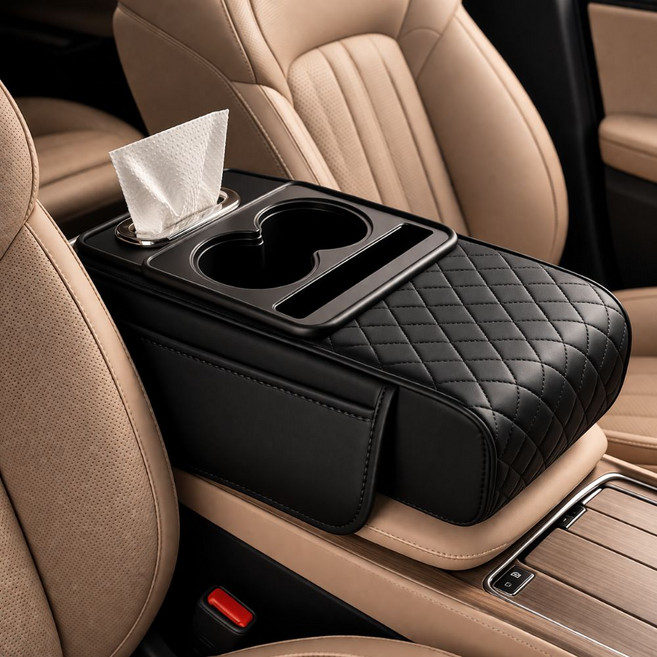 차량용 다기능 팔걸이 쿠션 콘솔박스 수납 컵홀더 티슈함, 블랙