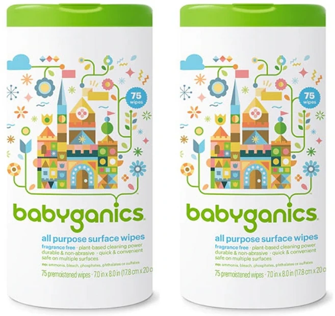 Babyganics 베이비가닉스 다목적 표면세정 티슈 75장 2팩, 1개 - 쿠팡